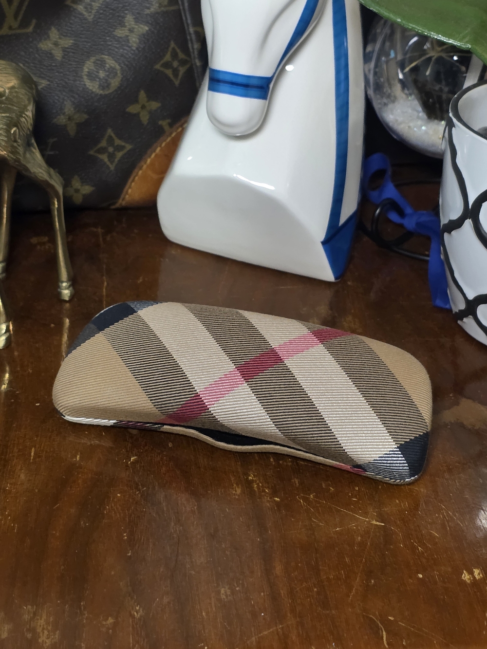 Burberry Tan Plaid Eyeglass Case with Red Accent